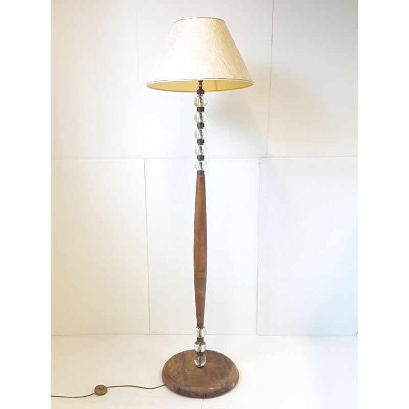 Vintage eiken en glazen vloerlamp, Frankrijk 1950