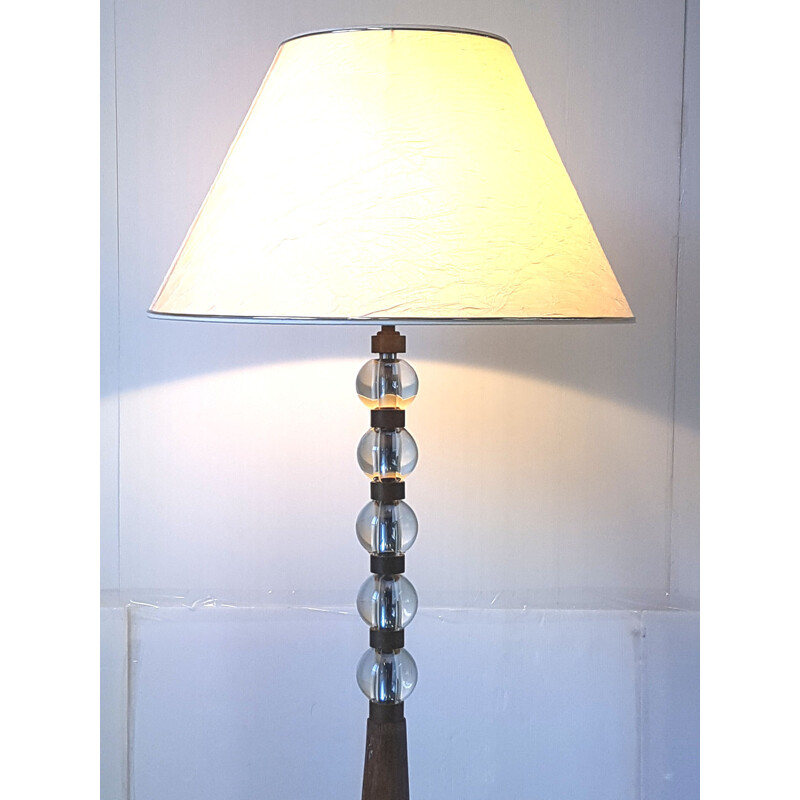 Vintage eiken en glazen vloerlamp, Frankrijk 1950