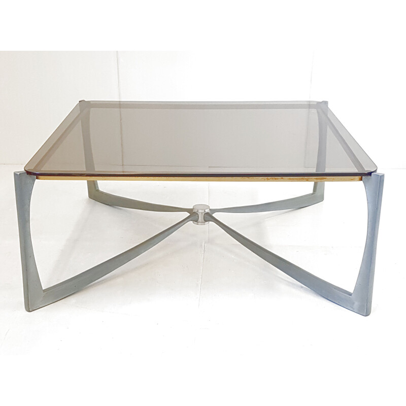 Vintage coffee table in brass aluminium and glass 1970