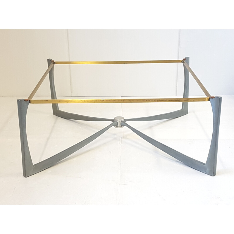 Vintage coffee table in brass aluminium and glass 1970