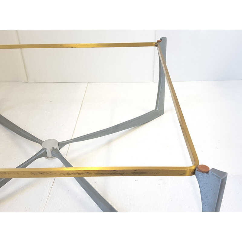 Vintage coffee table in brass aluminium and glass 1970