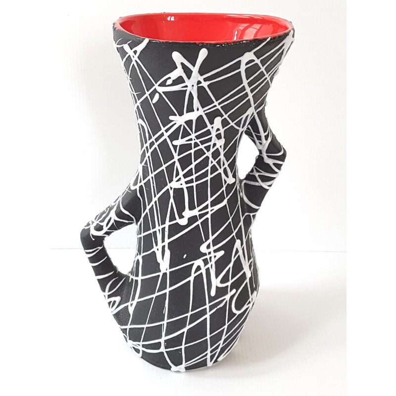 Vintage black and white ceramic vase, France 1950