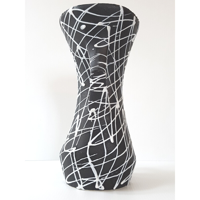 Vase vintage en céramique noir et blanc, France 1950