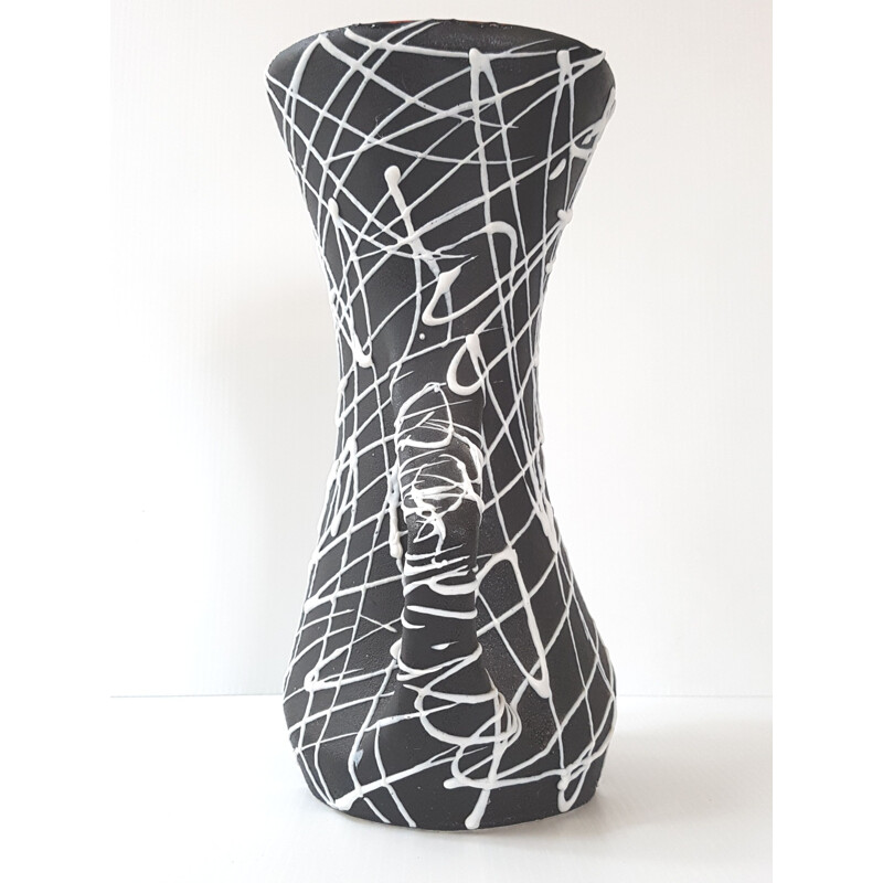 Vintage black and white ceramic vase, France 1950