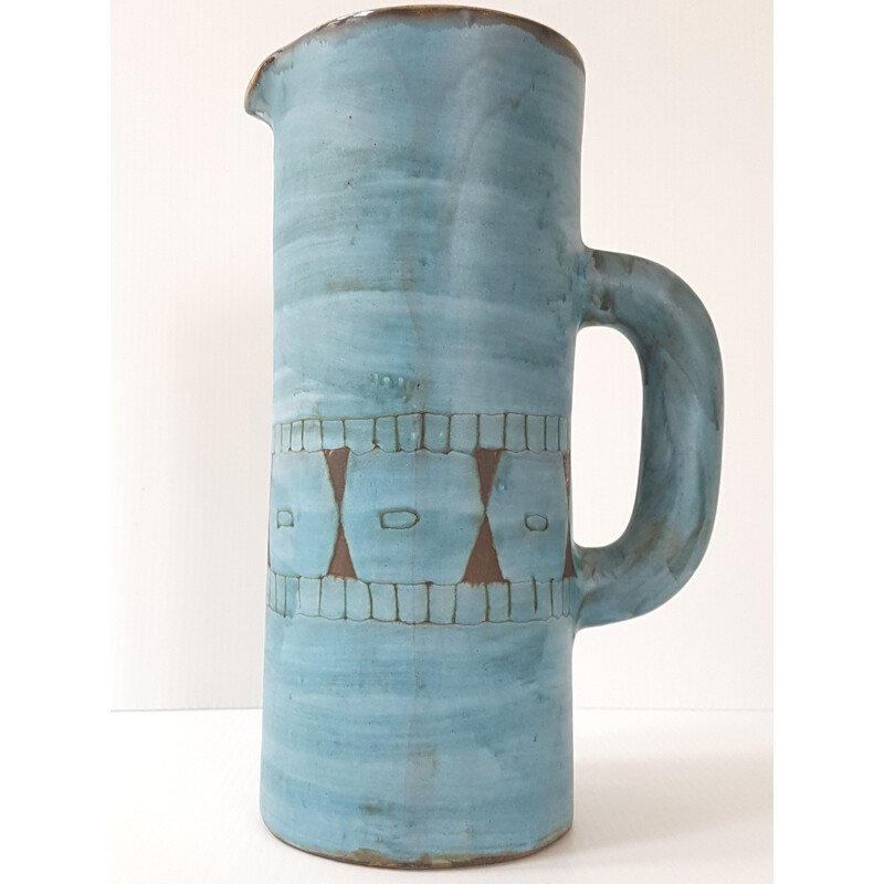 Vintage pitcher by Alain Maunier in blue ceramic 1950