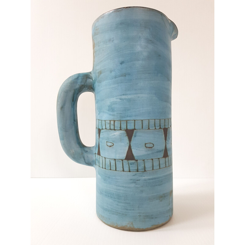 Vintage pitcher by Alain Maunier in blue ceramic 1950