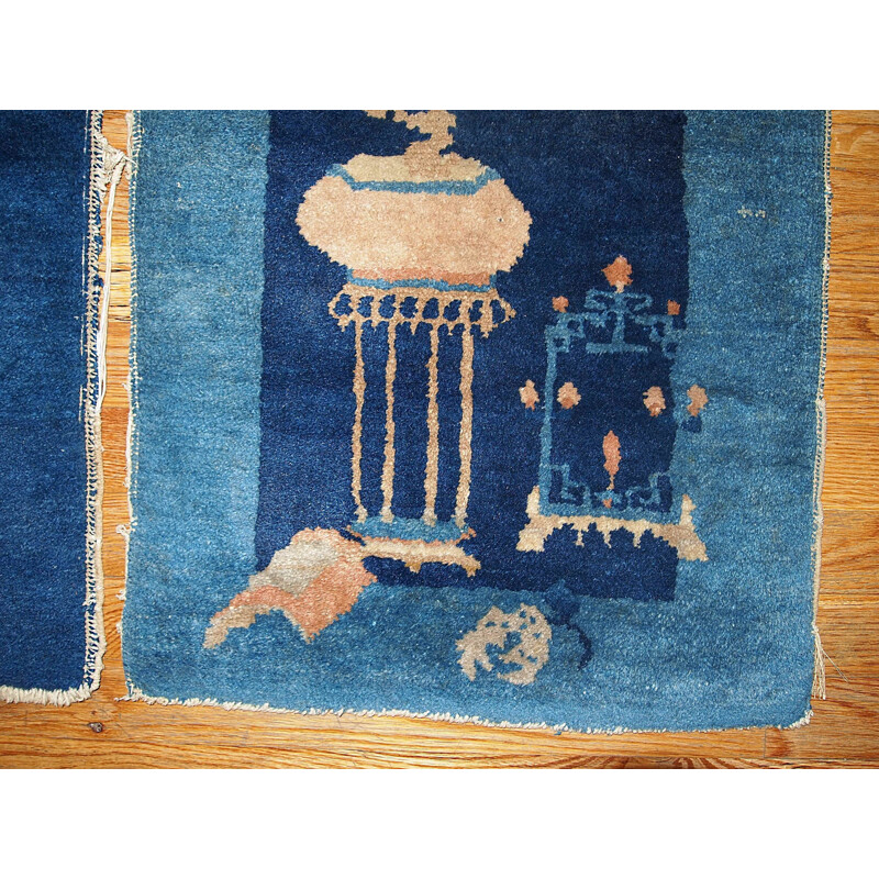Paire de tapis vintage tissés main par Peking Chinese en laine bleu