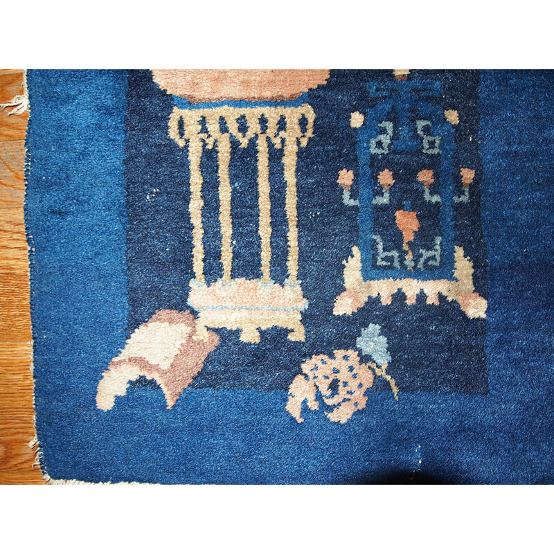 Paire de tapis vintage tissés main par Peking Chinese en laine bleu