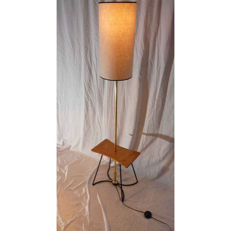 Lámpara de pie belga vintage en madera y latón 1950