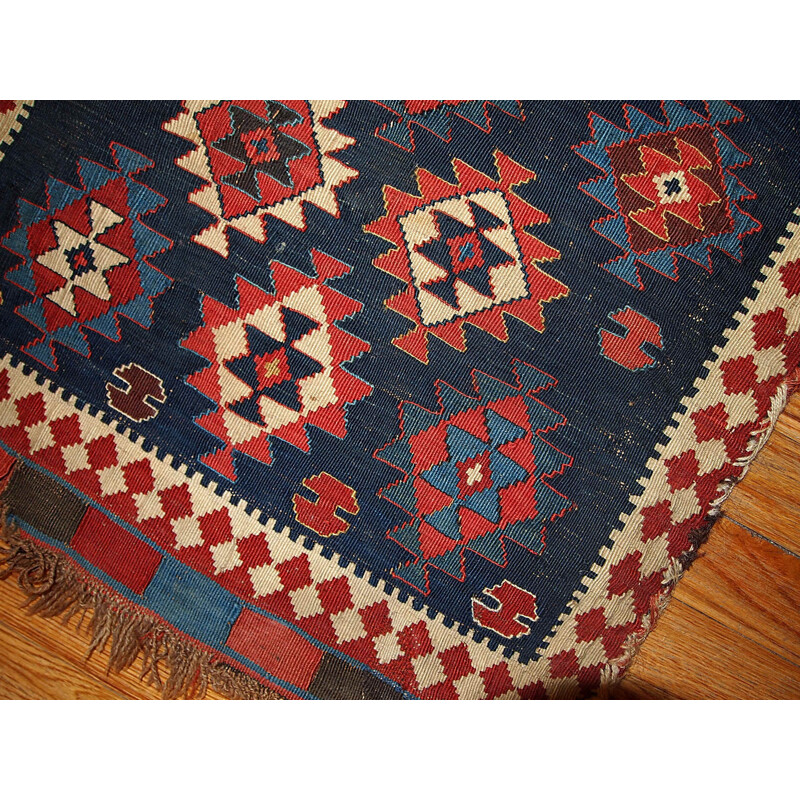 Tapis vintage Kuba caucasien fait main en laine bleu