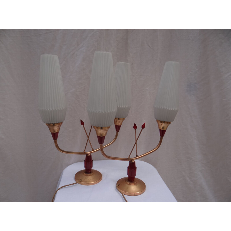 Pair of vintage french lamps in metal and glass 1950