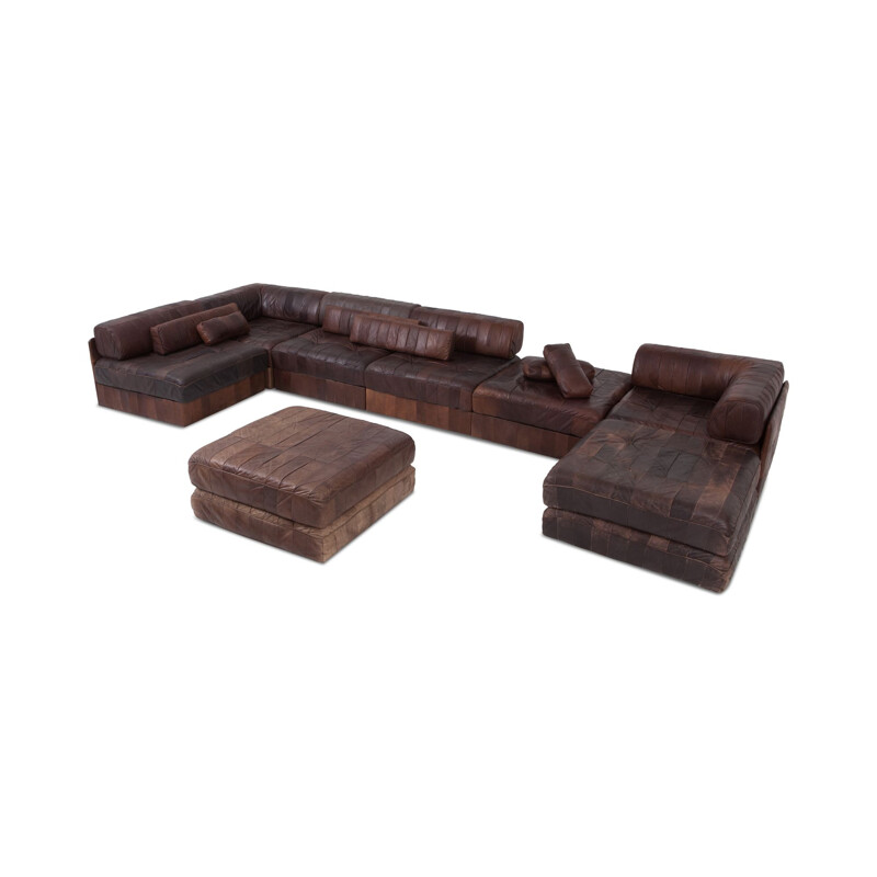 Vintage modular brown-cognac leather patchwork DS88 sofa    by De Sede