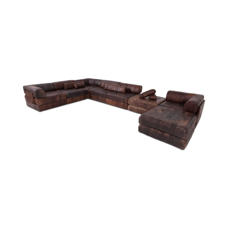 Canapé vintage en cuir marron-cognac modulaire patchwork DS88 par De Sede