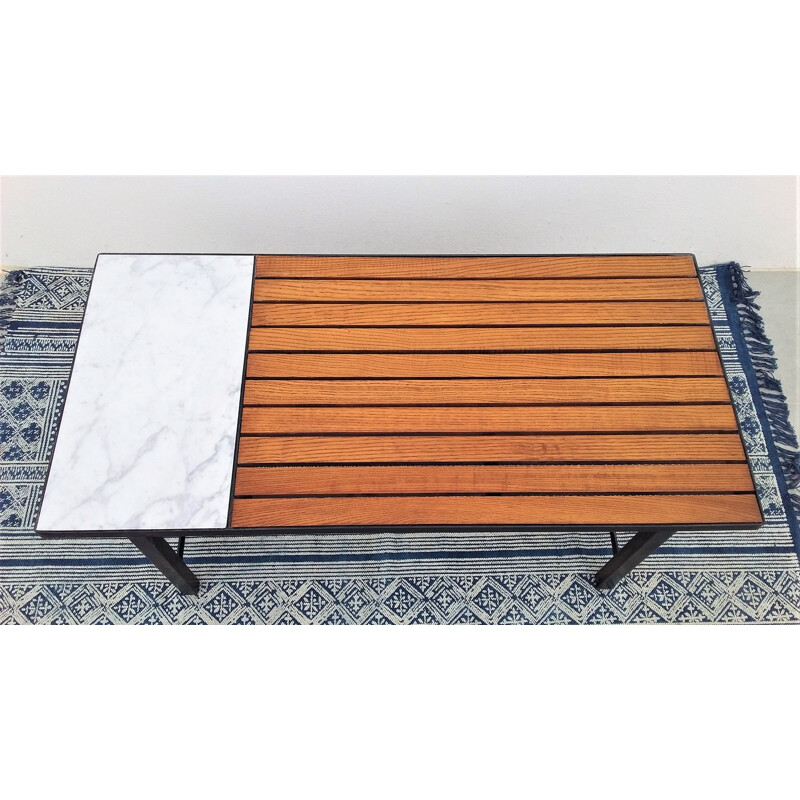 Vintage coffee table in oak and marble