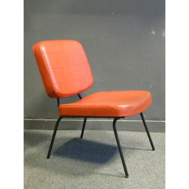 Low chair in metal and orange leatherette - 1950s