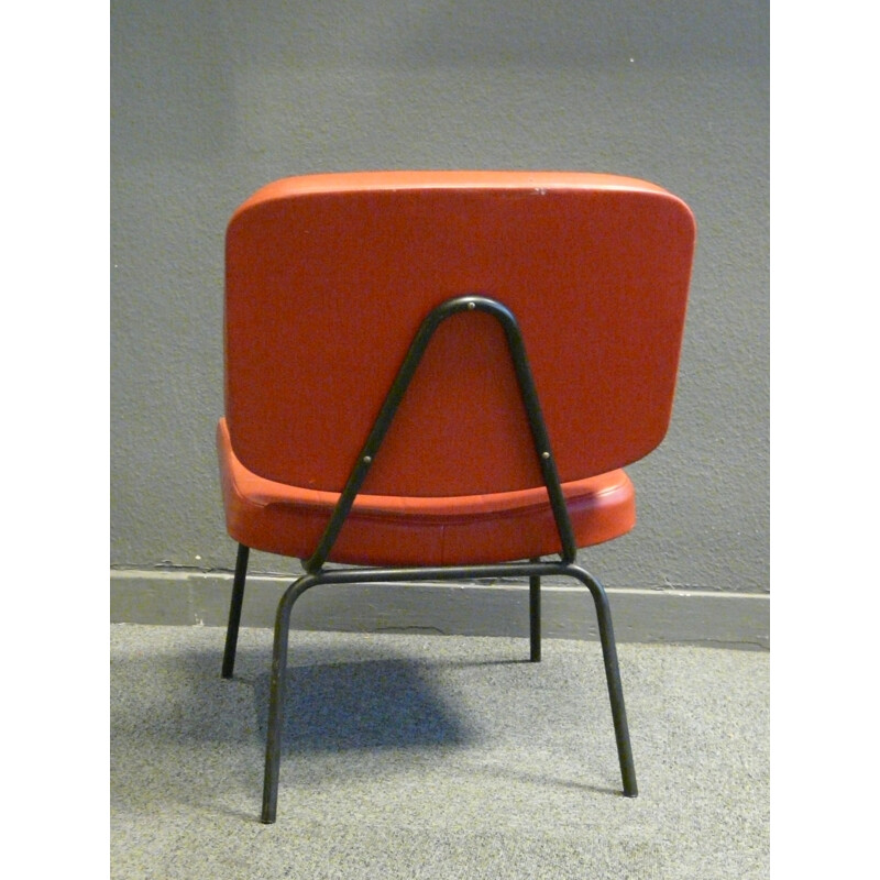 Low chair in metal and orange leatherette - 1950s