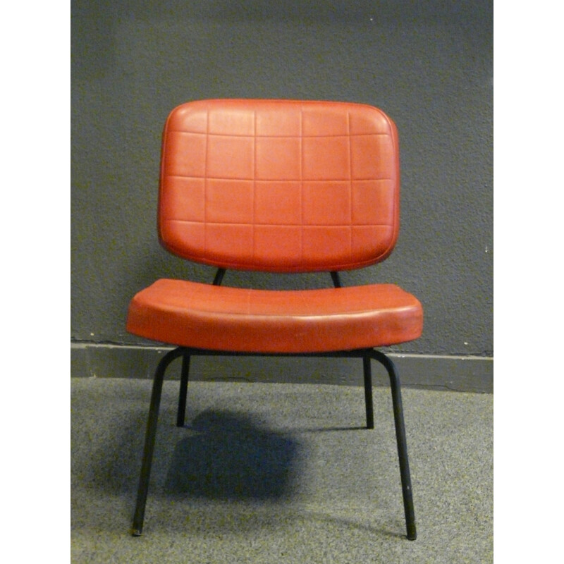 Low chair in metal and orange leatherette - 1950s