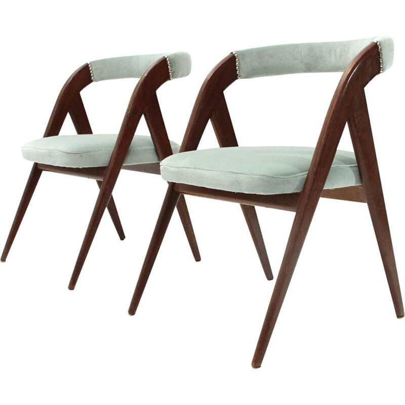 Set of 2 vintage Italian chairs in azure velvet