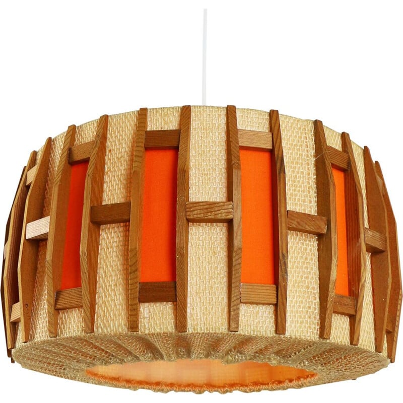 Vintage Scandinavian hanging lamp in wood and natural jute