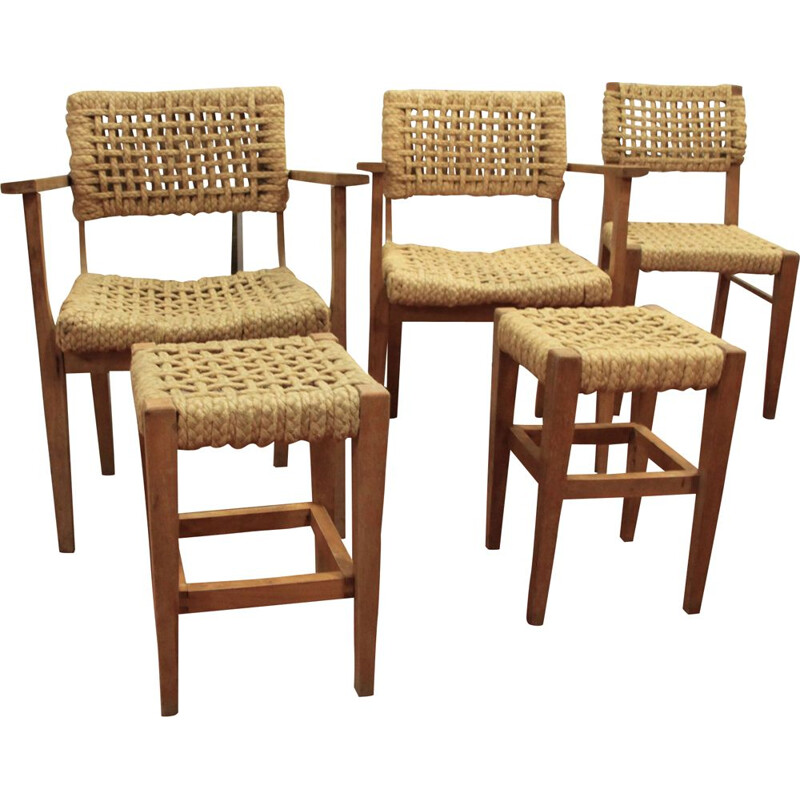 Set of 3 chairs and 2 stools by Audoux-Minet