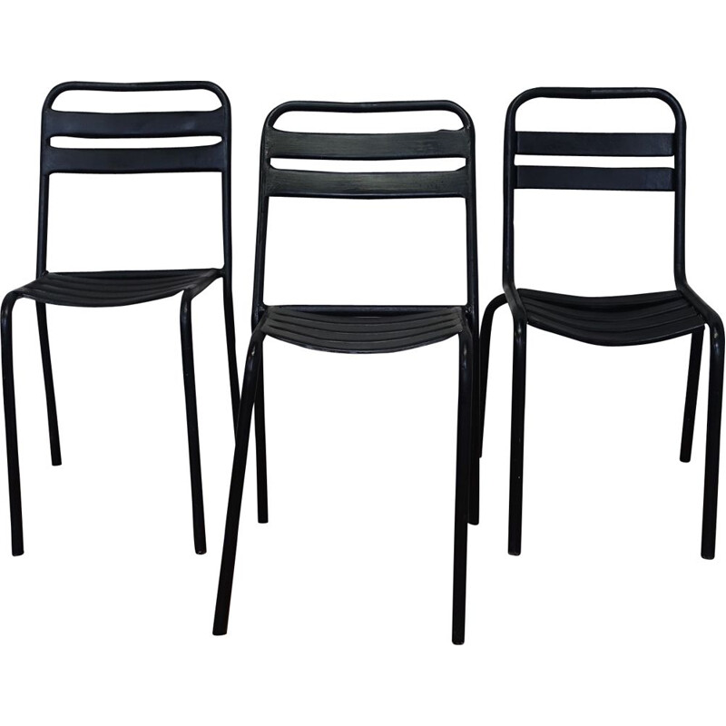 Set of 3 vintage black Tolix chairs in metal 1950