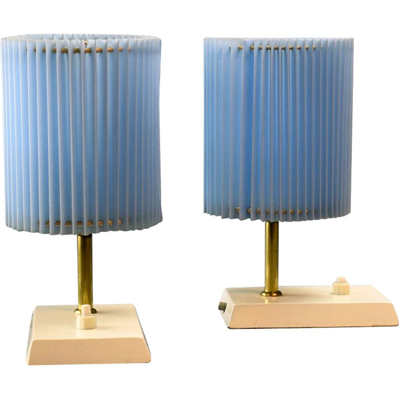 Pair of vintage german blue wood and brass lamps