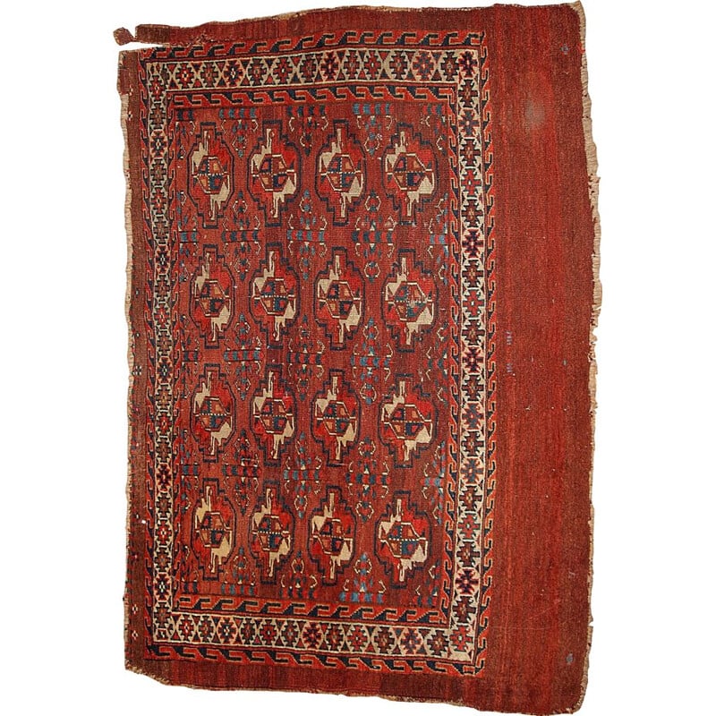 Tapis vintage Yomud artisanal turk en laine rouge