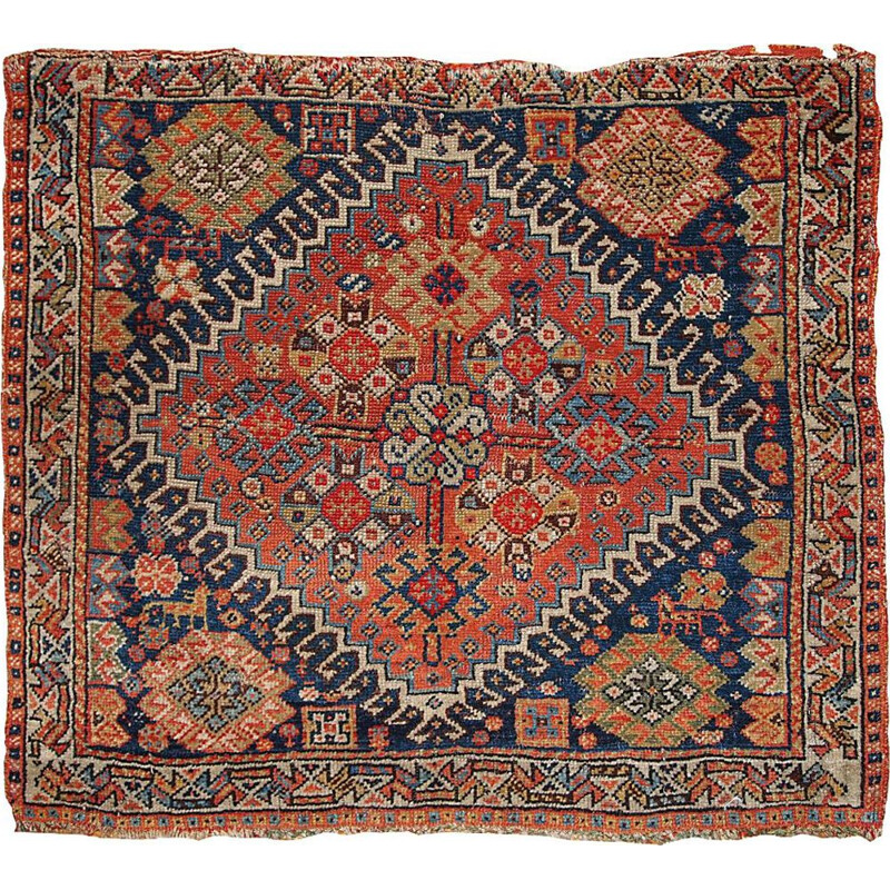 Vintage handmade Persian Gashkai red and blue wool carpet