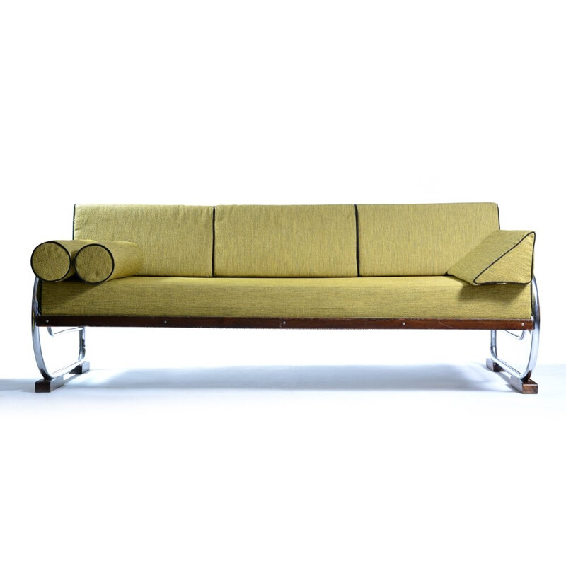 3-seater sofa in green fabric and chromium - 1940s