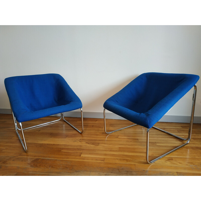 Pair of vintage blue cubic armchairs