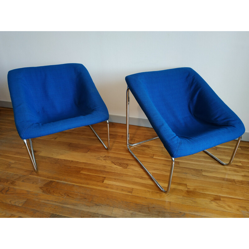 Pair of vintage blue cubic armchairs