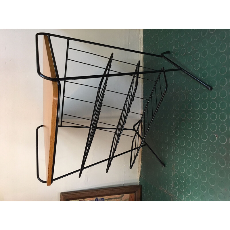 Vintage French console vinyl holder in wood and steel