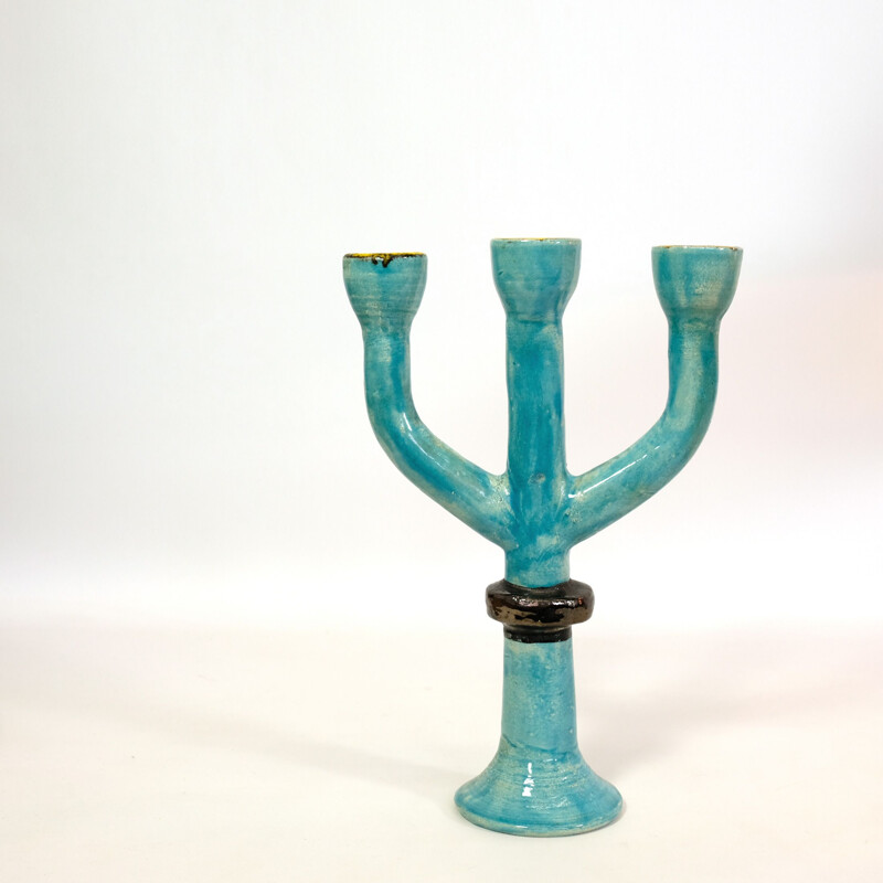 Vintage blue three-armed candle holder by JPB