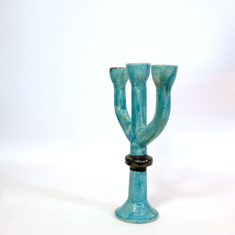Vintage blue three-armed candle holder by JPB