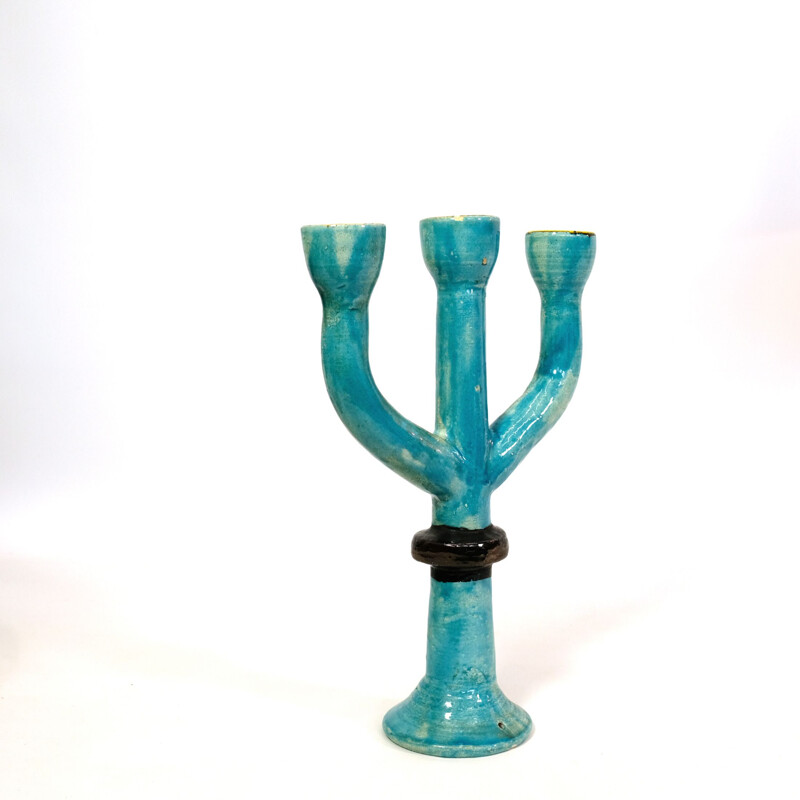 Vintage blue three-armed candle holder by JPB