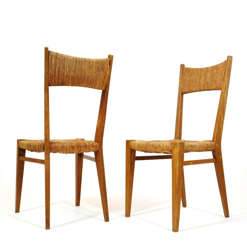 Set of 2 vintage French chairs in straw