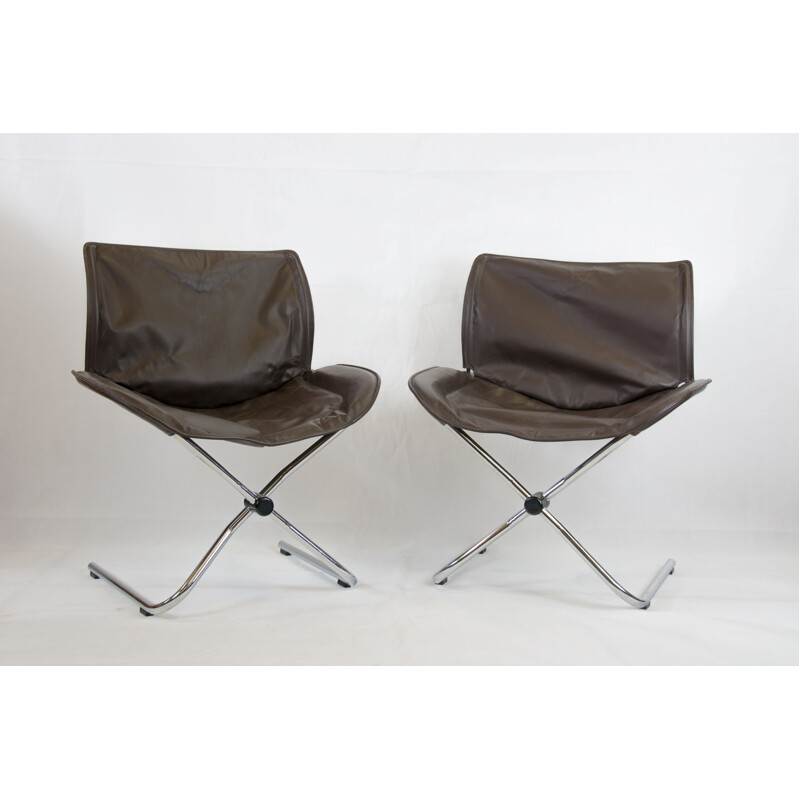 Set of 2 vintage foldable armchairs in leather by Cor
