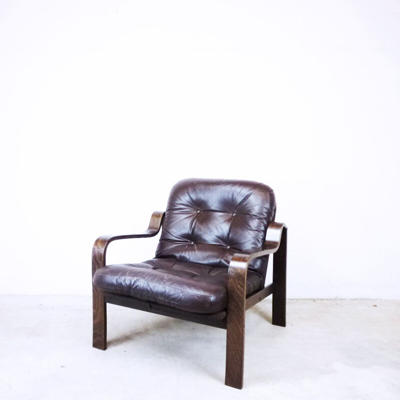 Fauteuil vintage scandinave en cuir brun