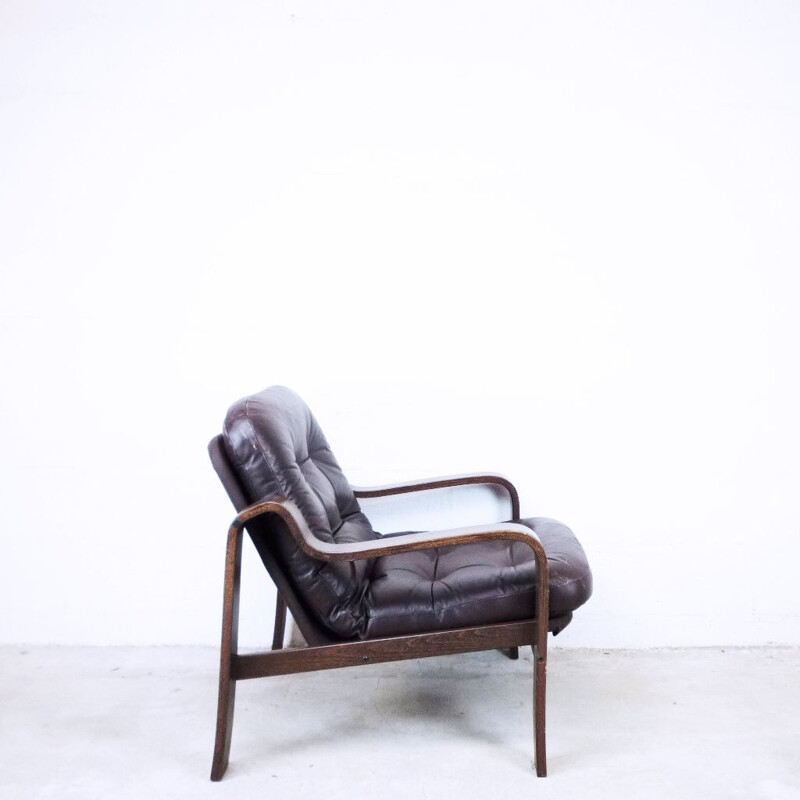 Fauteuil vintage scandinave en cuir brun