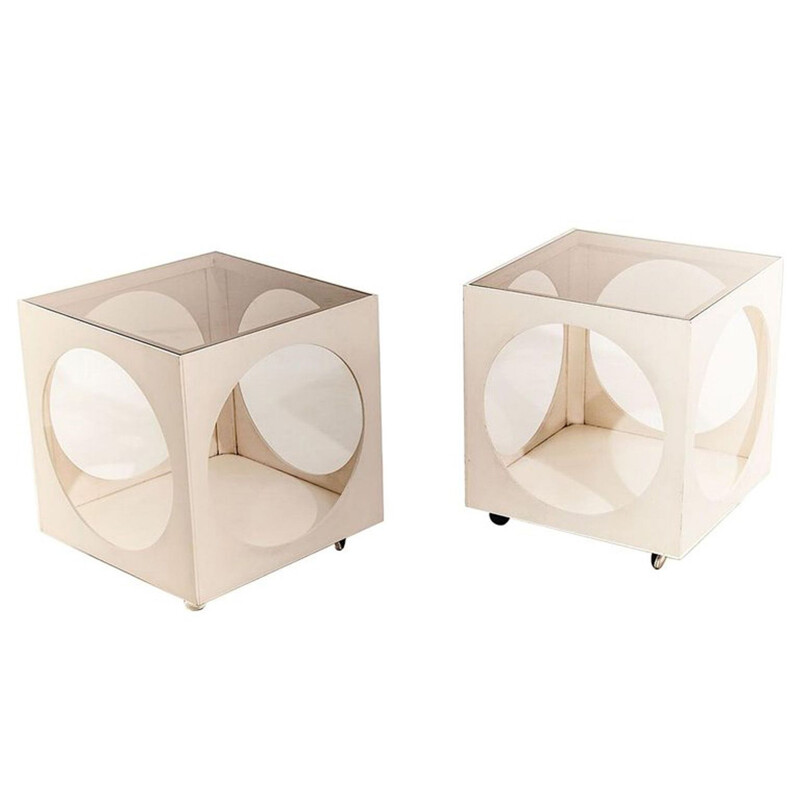 Set of 2 vintage French white side tables in wood and smoked glass