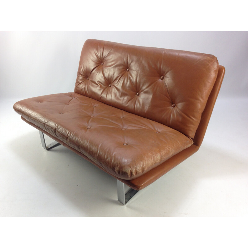 Vintage brown leather sofa by Kho Liang Le for Artifort