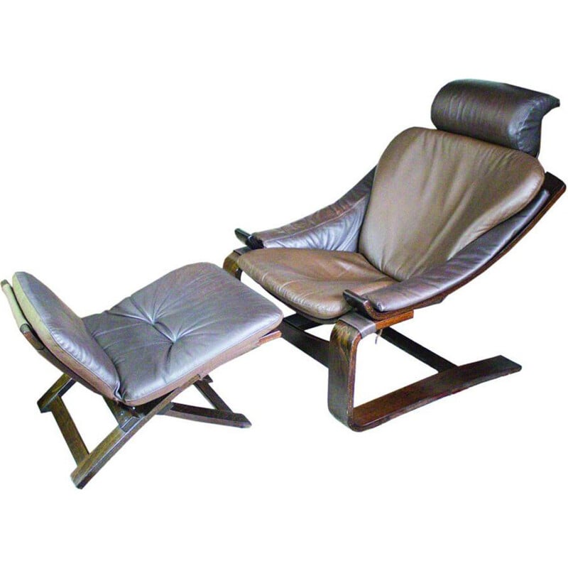 Vintage armchair in leather Kroken with footstool by Ake Fribytter for Nelo Möbel