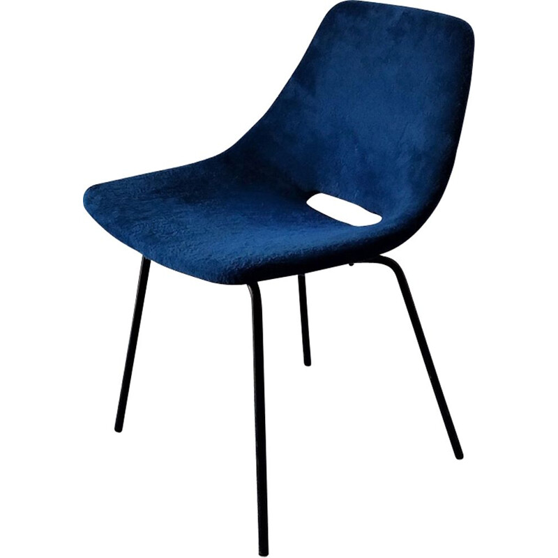 Vintage blue chair "tonneau" by Pierre Guariche for Steiner