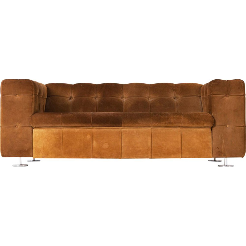 Vintage Italian 2-seater sofa in camel suede on chrome feet