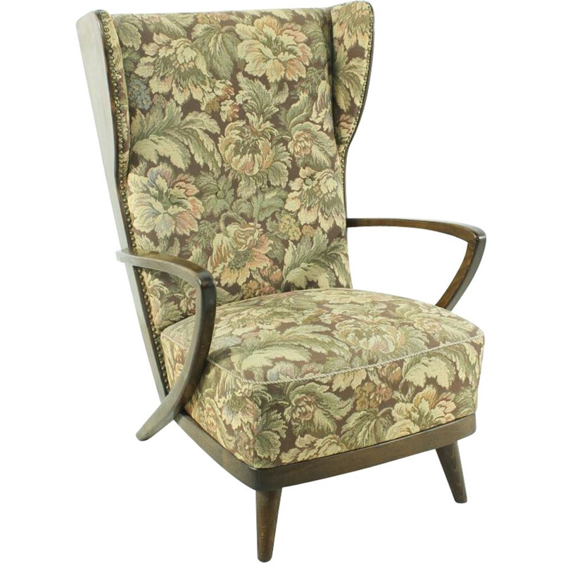 Fauteuil vintage wingback vert en hêtre 1950