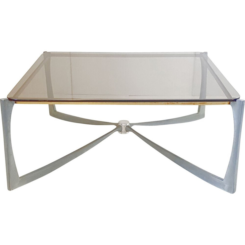 Vintage coffee table in brass aluminium and glass 1970