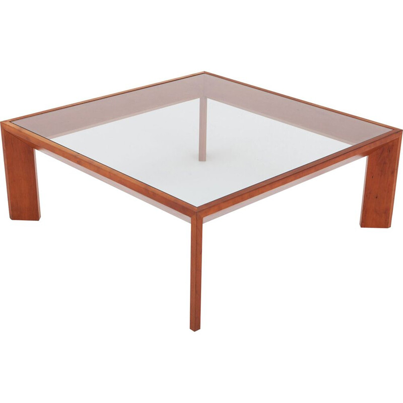 Table basse vintage française carrée en orme et verre 1930