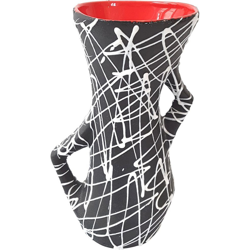 Vintage vaso de cerâmica preto e branco, França 1950