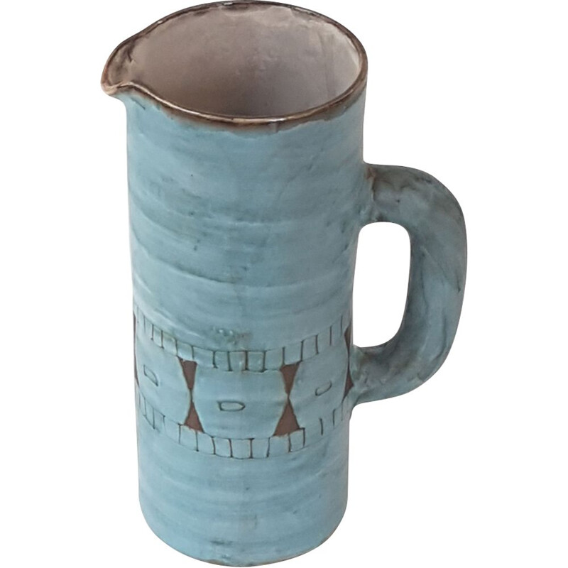 Vintage pitcher by Alain Maunier in blue ceramic 1950