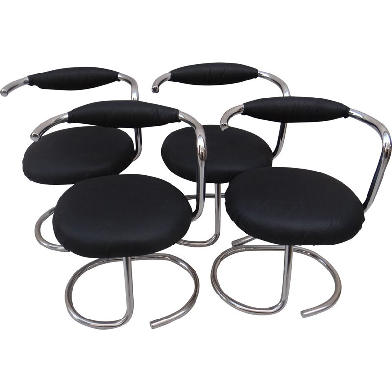 Ensemble de 4 chaises vintage Cobra Giorgo Stoppino en métal et skaï noir